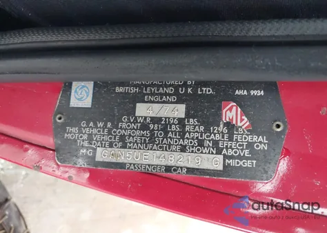 1974 Mg Midget из США, поврежденный, VIN GAN5UE148219G